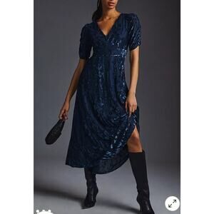 Anthro Hutch Midi Dress 4 Navy Velvet Floral Burnout Puff Sleeve Wedding Guest